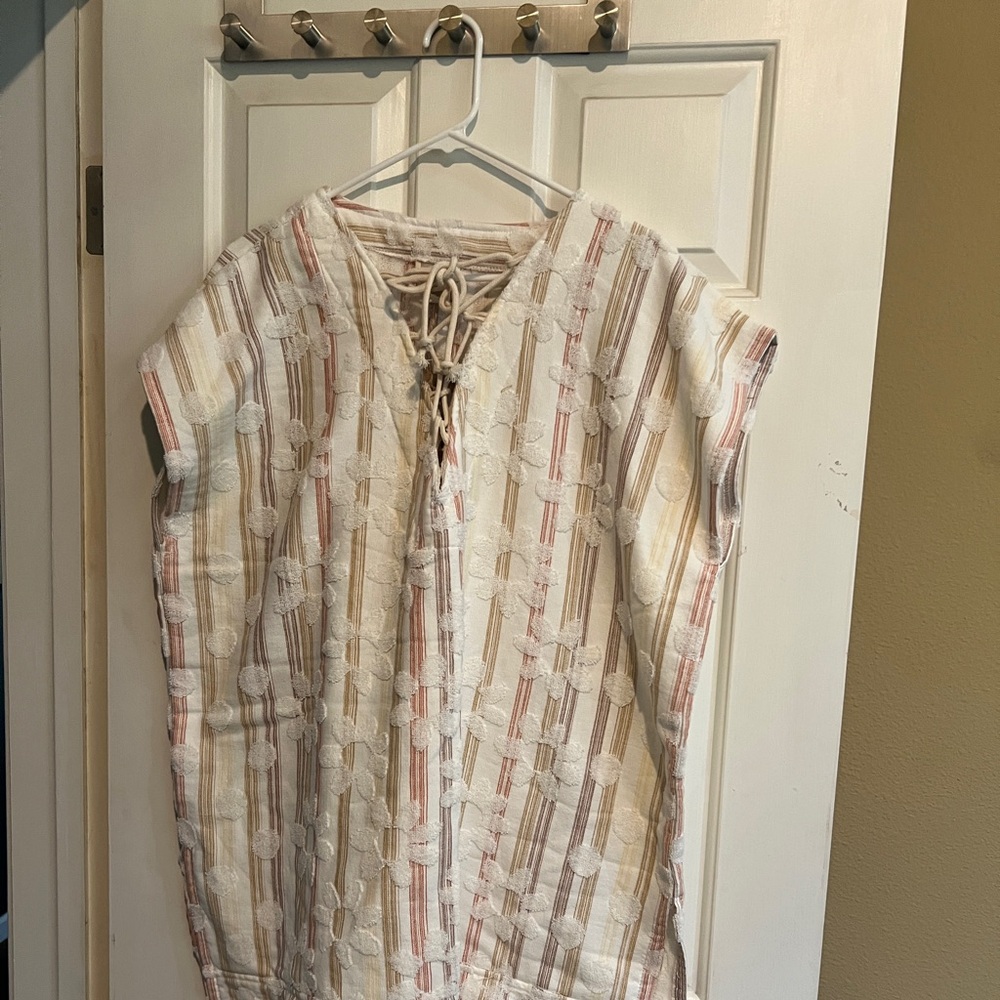 Women’s Lace-Up Striped Embroidered Top - Cream with Pink & Tan Accents
